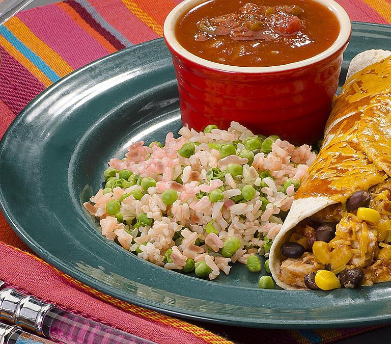 Chicken and Veggie Enchiladas with Spanish Rice